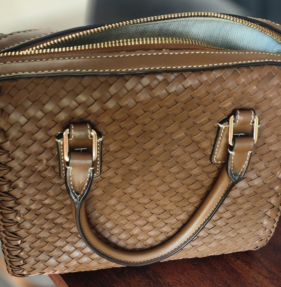 Tory Burch Brown and Gold Satchel with Woven Design - Picture 2 of 6